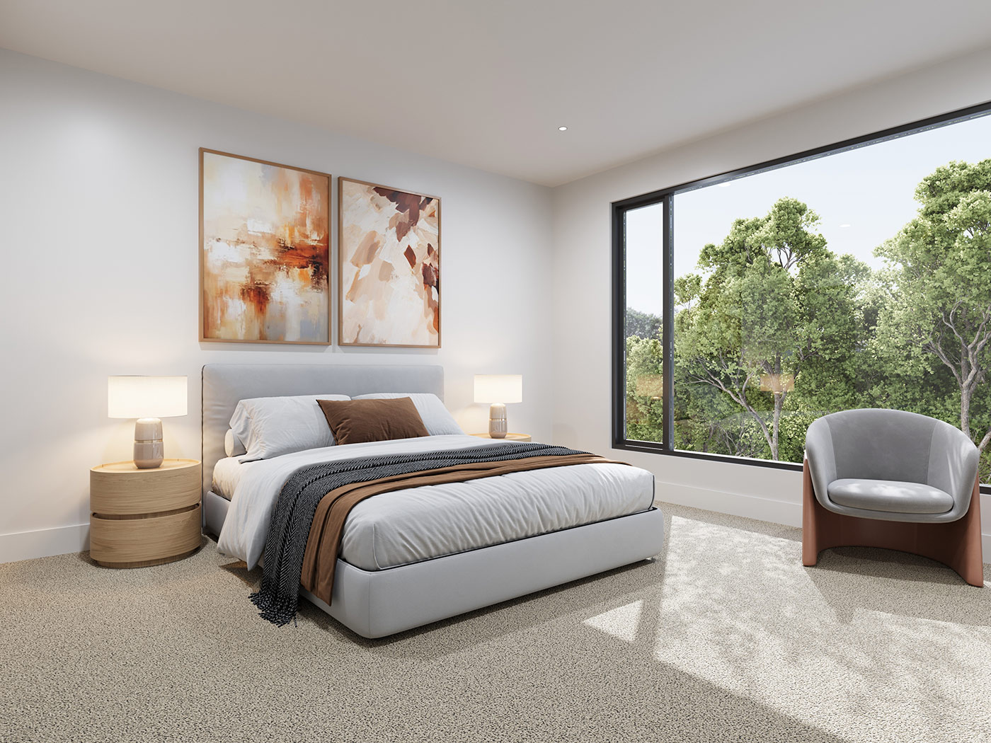 Apartment bedroom 3D Rendering in Brunswick Melbourne VIC with symmetrical layout, bedside lighting and clean modern interior styling