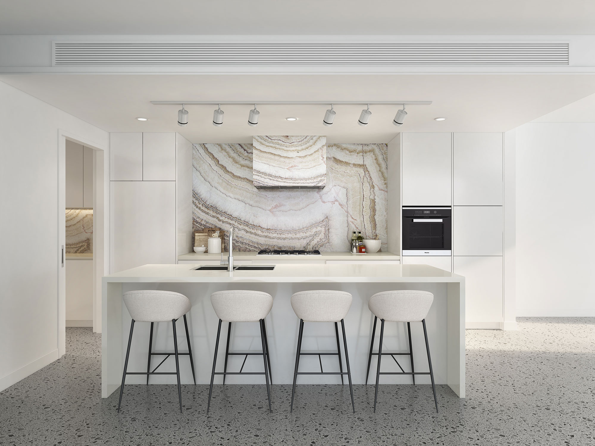 Modern kitchen design in Vincentia Jervis Bay 3D Render featuring minimalist cabinetry and bright coastal styling