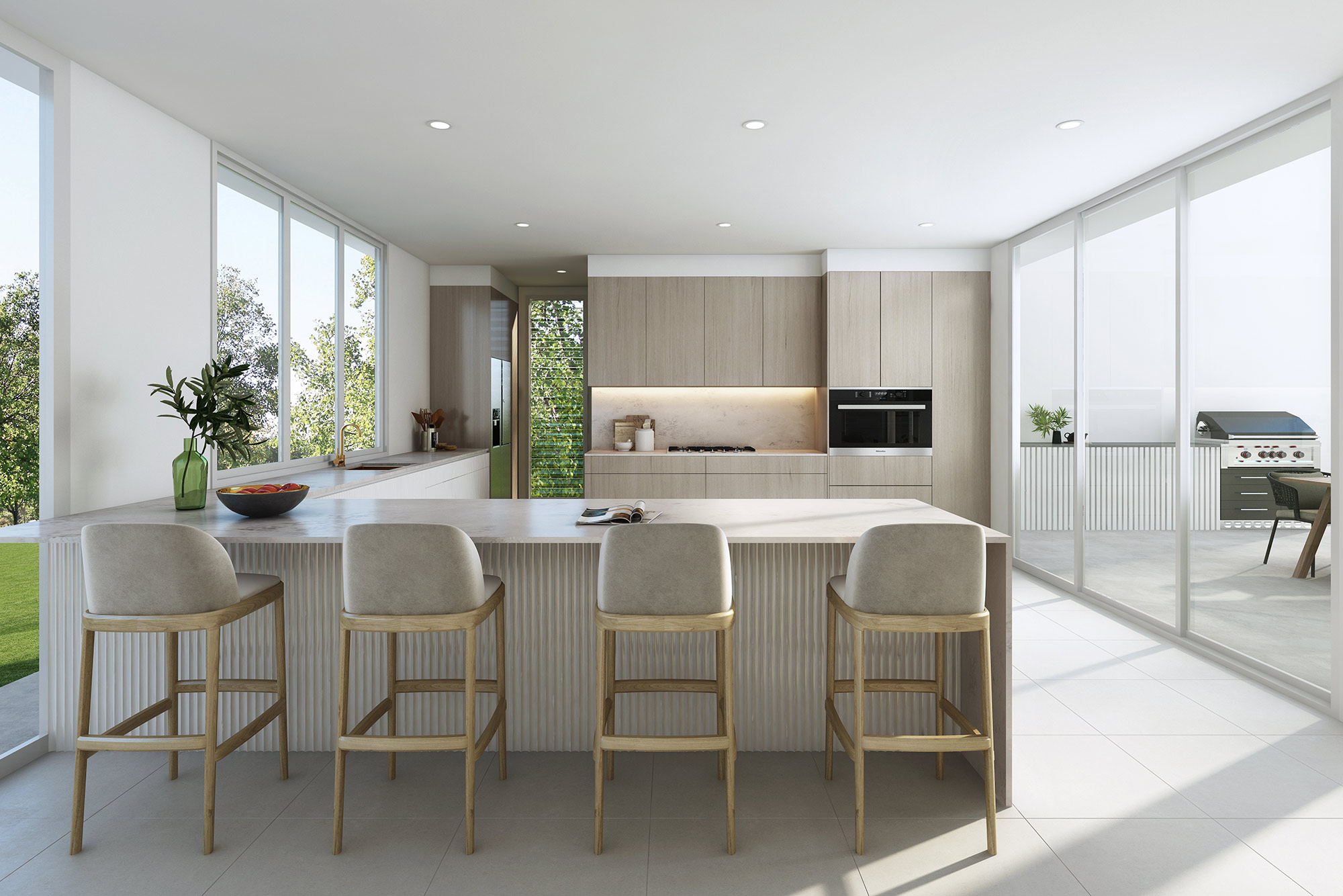 Light filled contemporary kitchen with island bench in Wamberal Central Coast 3D Render featuring natural materials and indoor outdoor connection