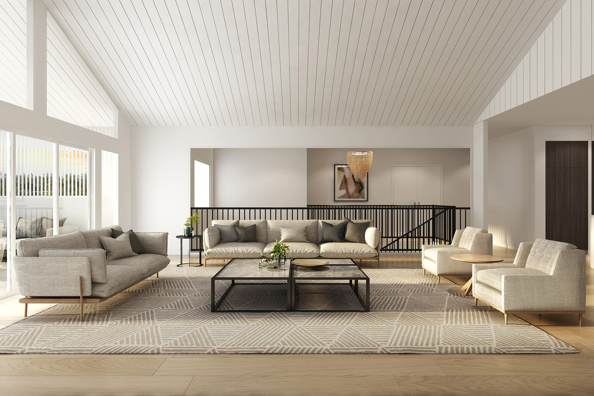 Contemporary living room with fireplace and outdoor flow, realistic 3D Rendering in Wamberal NSW