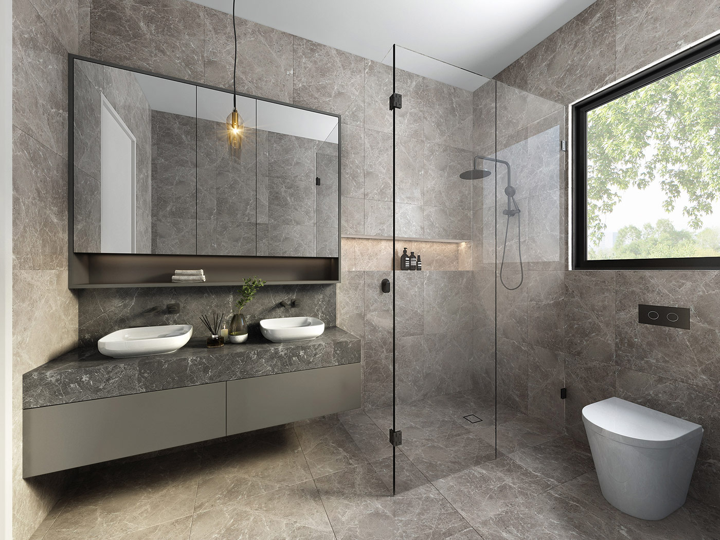 Werribee bathroom 3D render highlighting modern finishes, clean layout and practical Australian interior design