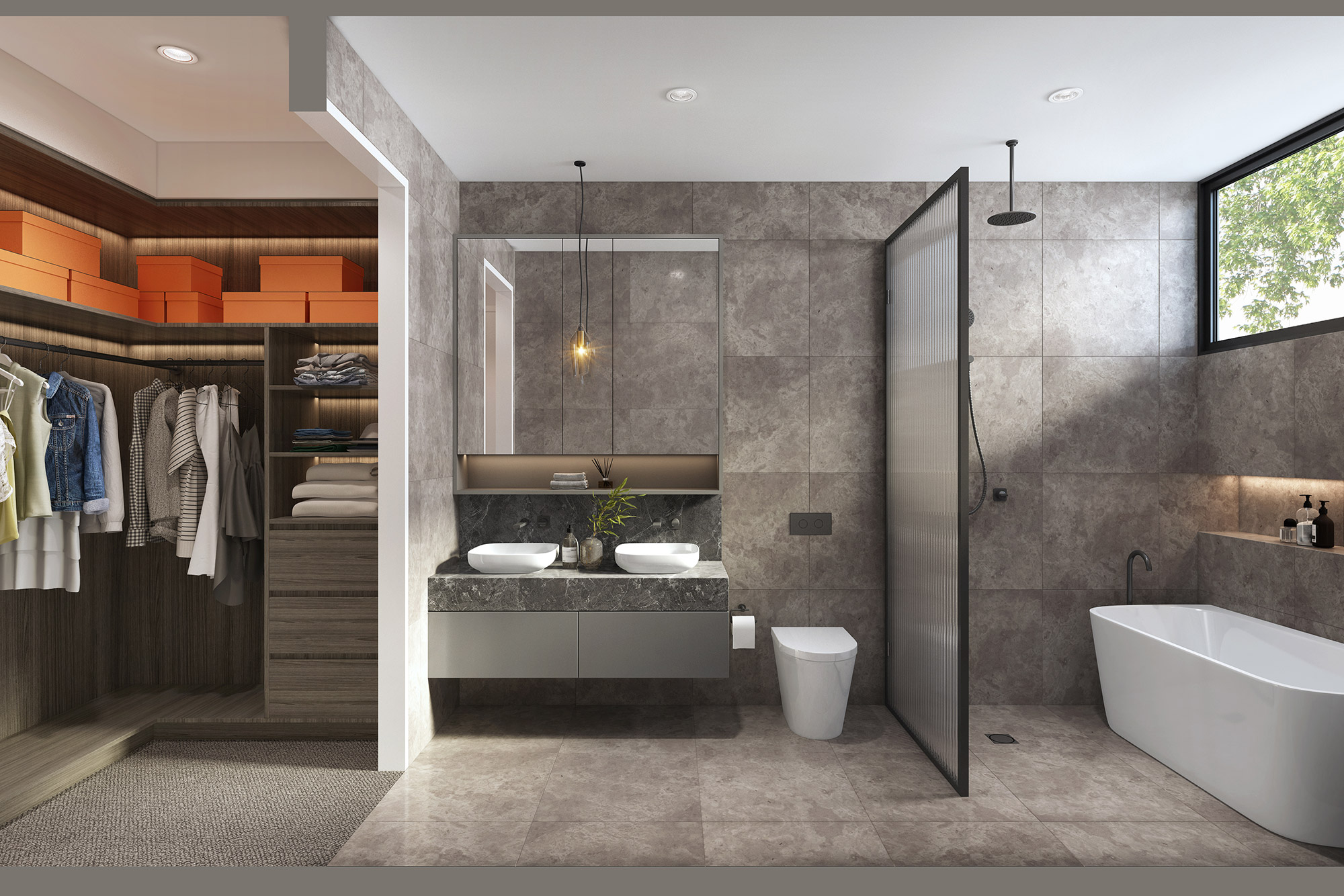Werribee unit bathroom 3D rendering with sleek vanity, tiled shower and contemporary Australian residential styling