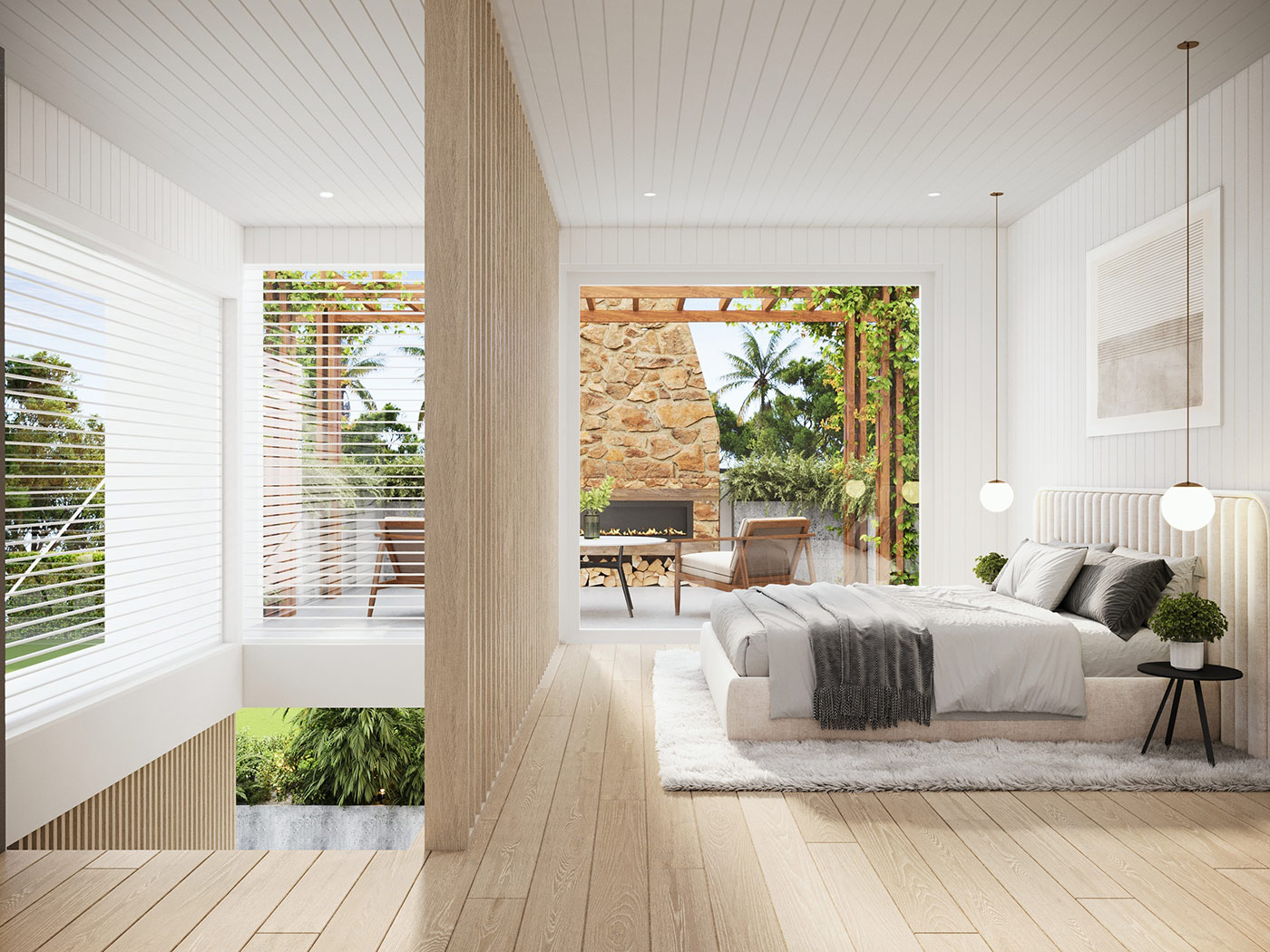 Coastal bedroom 3D Render in Sunshine Beach QLD featuring light timber finishes, soft textures and relaxed modern interior styling