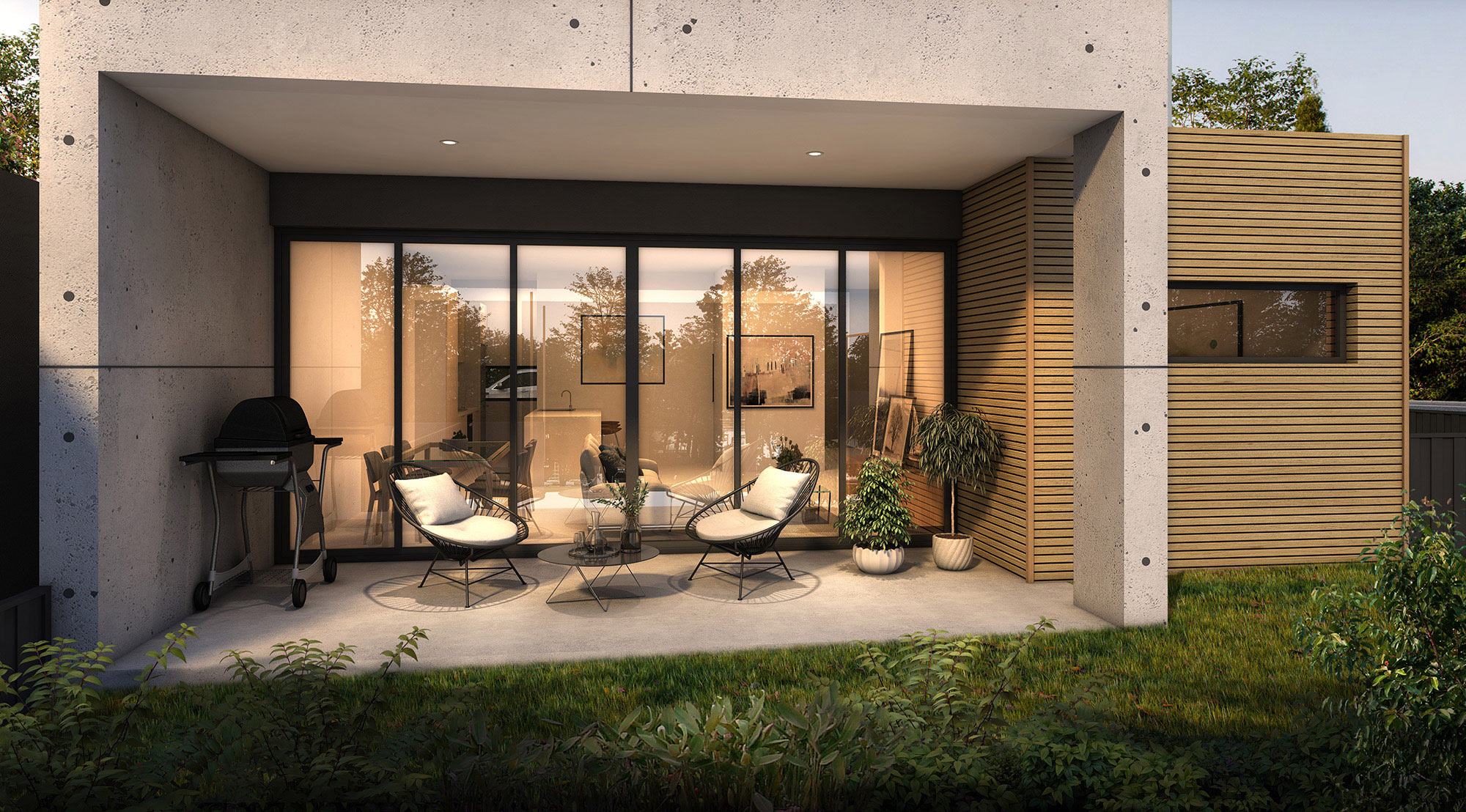 Contemporary backyard alfresco entertaining area with outdoor seating and BBQ in Wollert Melbourne 3D Render highlighting modern residential design and landscaping