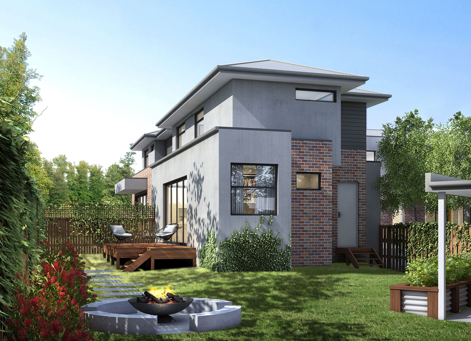 Modern home courtyard and landscaping in Wyndham Vale 3D Rendering with clean architectural lines
